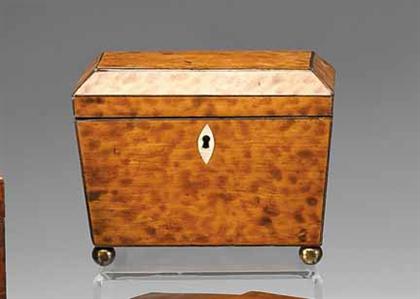 Appraisal: Figured coffin-form tea caddy th century With ivory escutcheon brass