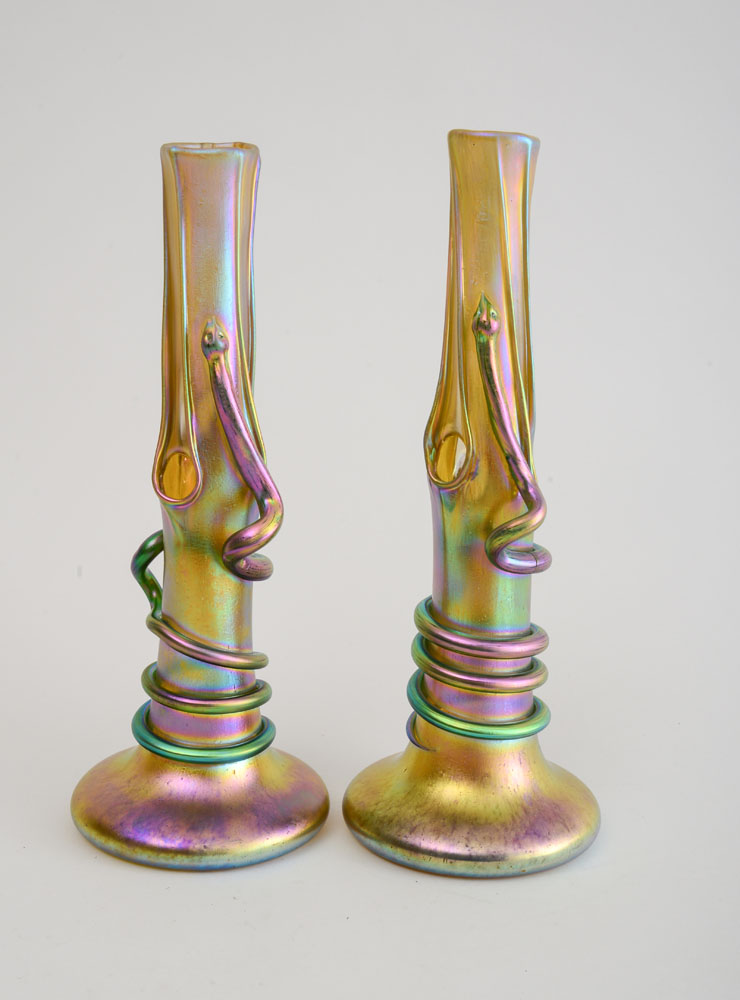 Appraisal: ASSEMBLED PAIR OF LOETZ TYPE GLASS TALL VASES Unsigned each