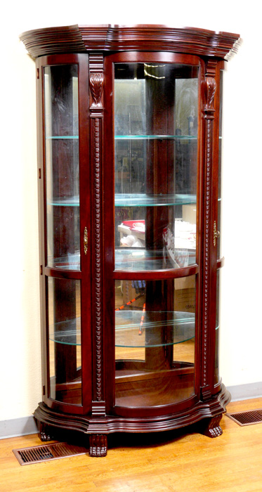 Appraisal: CONTEMPORARY TRIPLE BOW FRONT CURIO DISPLAY CABINET Shaped stepped pediment