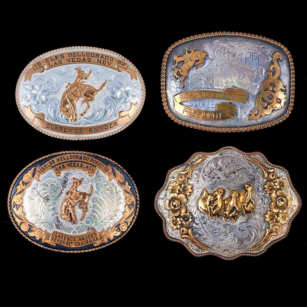 Appraisal: RODEO BELT BUCKLES Four Vintage old pawn Southwest Rodeo Silver