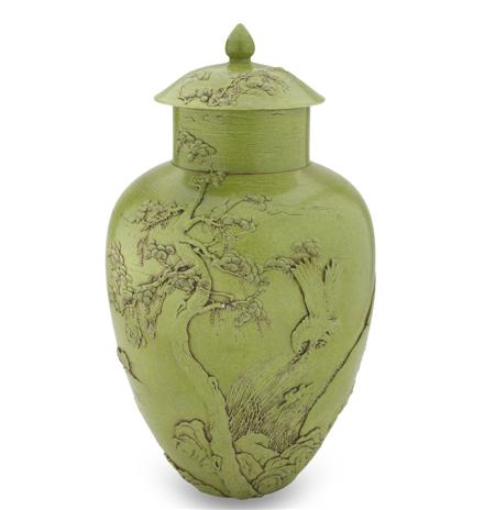 Appraisal: CHINESE MONOCHROME GREEN-GLAZED PORCELAIN VASE AND COVER WANG BINGRONG MARK