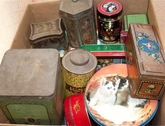 Appraisal: Assortment of lithographs and storage tins Estimate - No condition