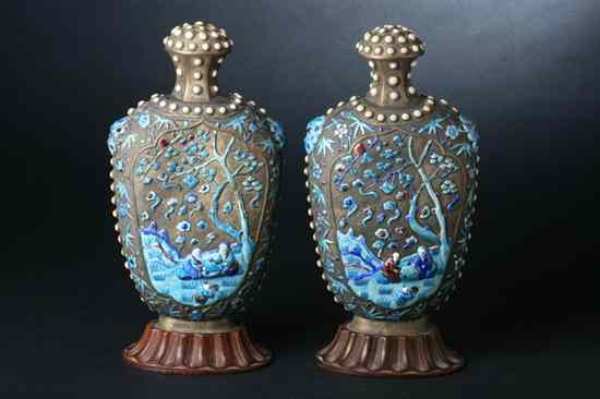 Appraisal: PAIR CHINESE PEKING ENAMEL AND SILVER BOTTLES Late Qing Dynasty