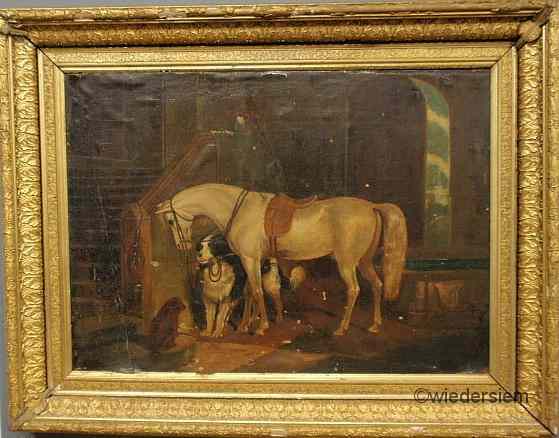 Appraisal: Large English oil on canvas painting of a saddled white