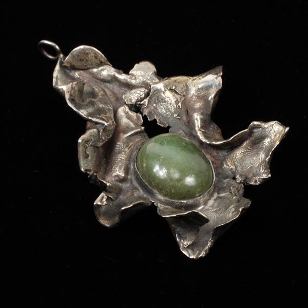 Appraisal: Brutalist Modernist freeform silver pendant with green jade cabochon