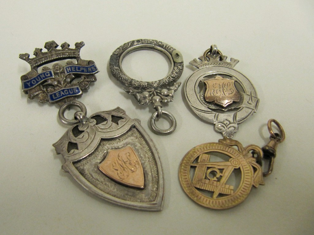 Appraisal: Lot comprising three silver medals rolled gold Masonic fob and