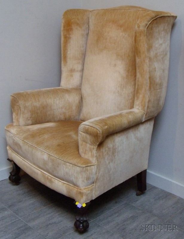 Appraisal: Georgian-style Beige Velvet Upholstered Carved Maple Wing Chair