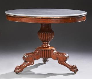 Appraisal: French Carved Mahogany Marble Top Center Table c the figured