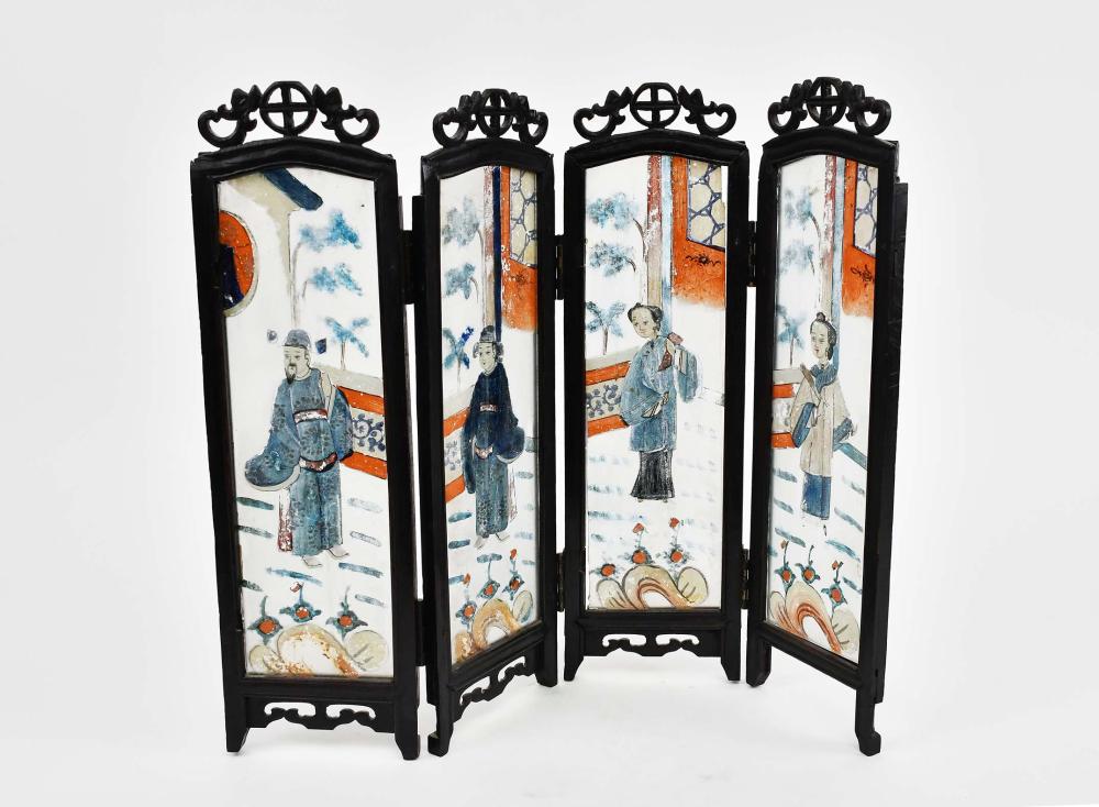 Appraisal: CHINESE PAINTED GLASS FOUR-FOLD TABLE SCREENFirst Half th Century Each