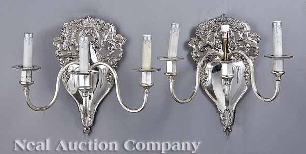 Appraisal: A Pair of Antique Sheffield Silverplate Three-Arm Sconces probably Levesley