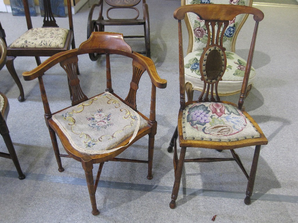 Appraisal: Lot comprising Edwardian corner chair and a tapestry seat side