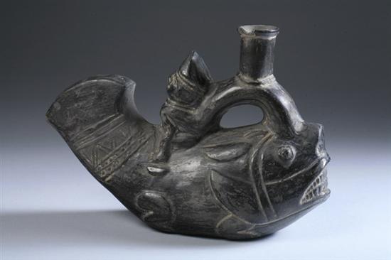 Appraisal: CHIMU BLACKWARE FISH-FORM STIRRUP VESSEL circa - A D -