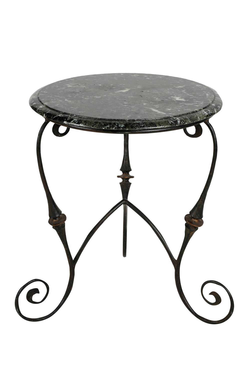 Appraisal: IRON CENTER TABLEwith a marble top Condition with chipping to