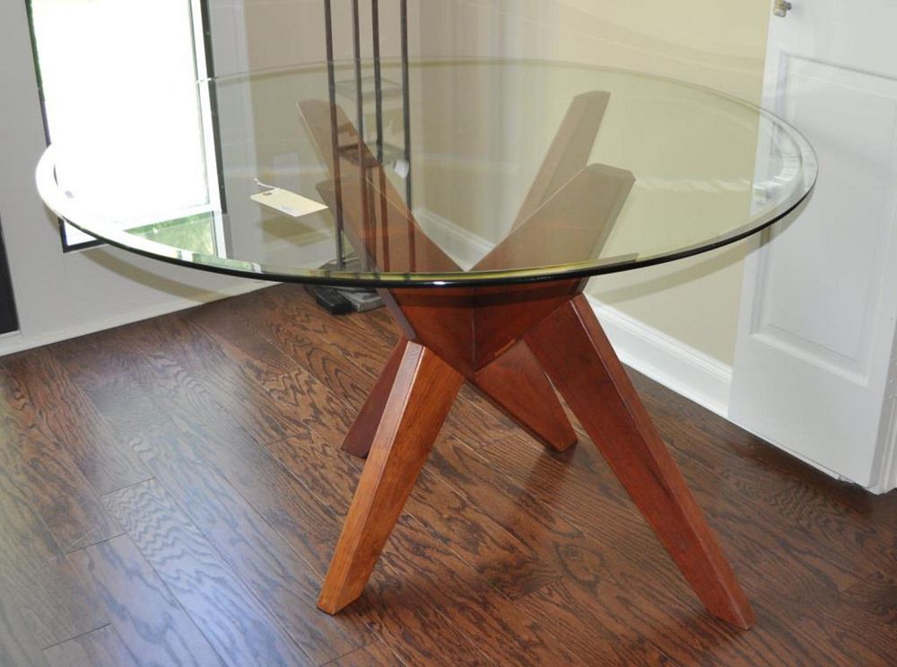 Appraisal: MCM Round Glass Fruitwood Center Table high diameter Two base