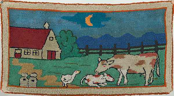 Appraisal: Folk Art Hooked Rug of Farm Scene American A hooked