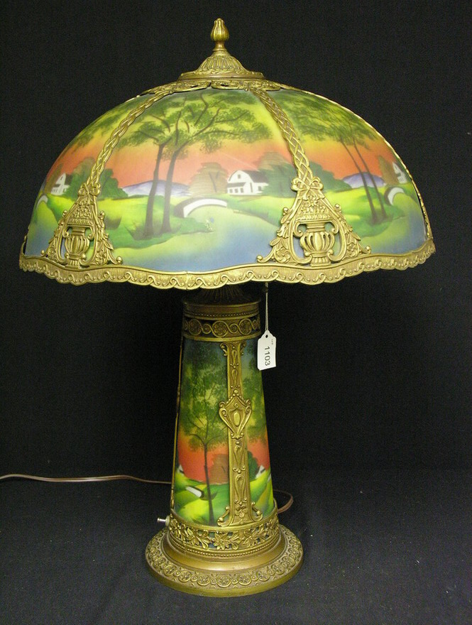 Appraisal: REVERSE PAINTED GLASS TABLE LAMP Scene Landscapes Top and bottom