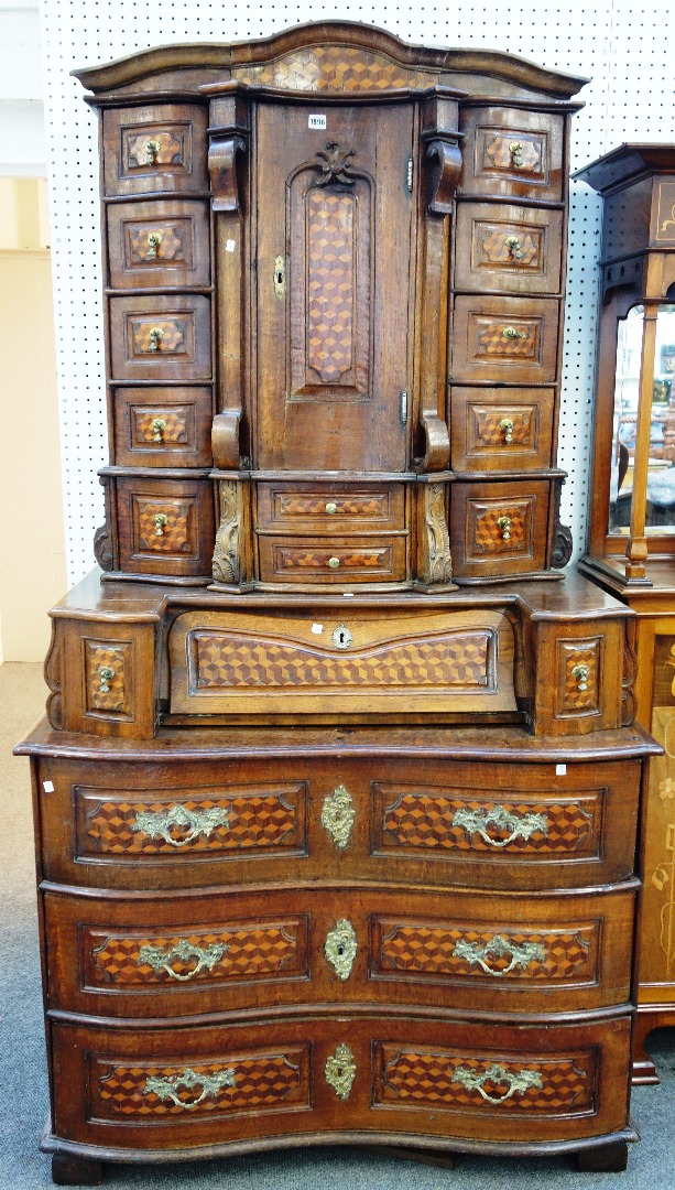 Appraisal: An th century deceptive cube parquetry inlaid oak German writing