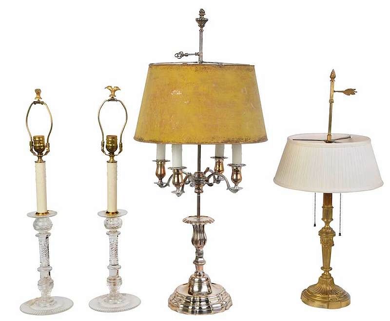 Appraisal: Four Vintage Cut Glass Metal Candelabra Lamps American Continental late