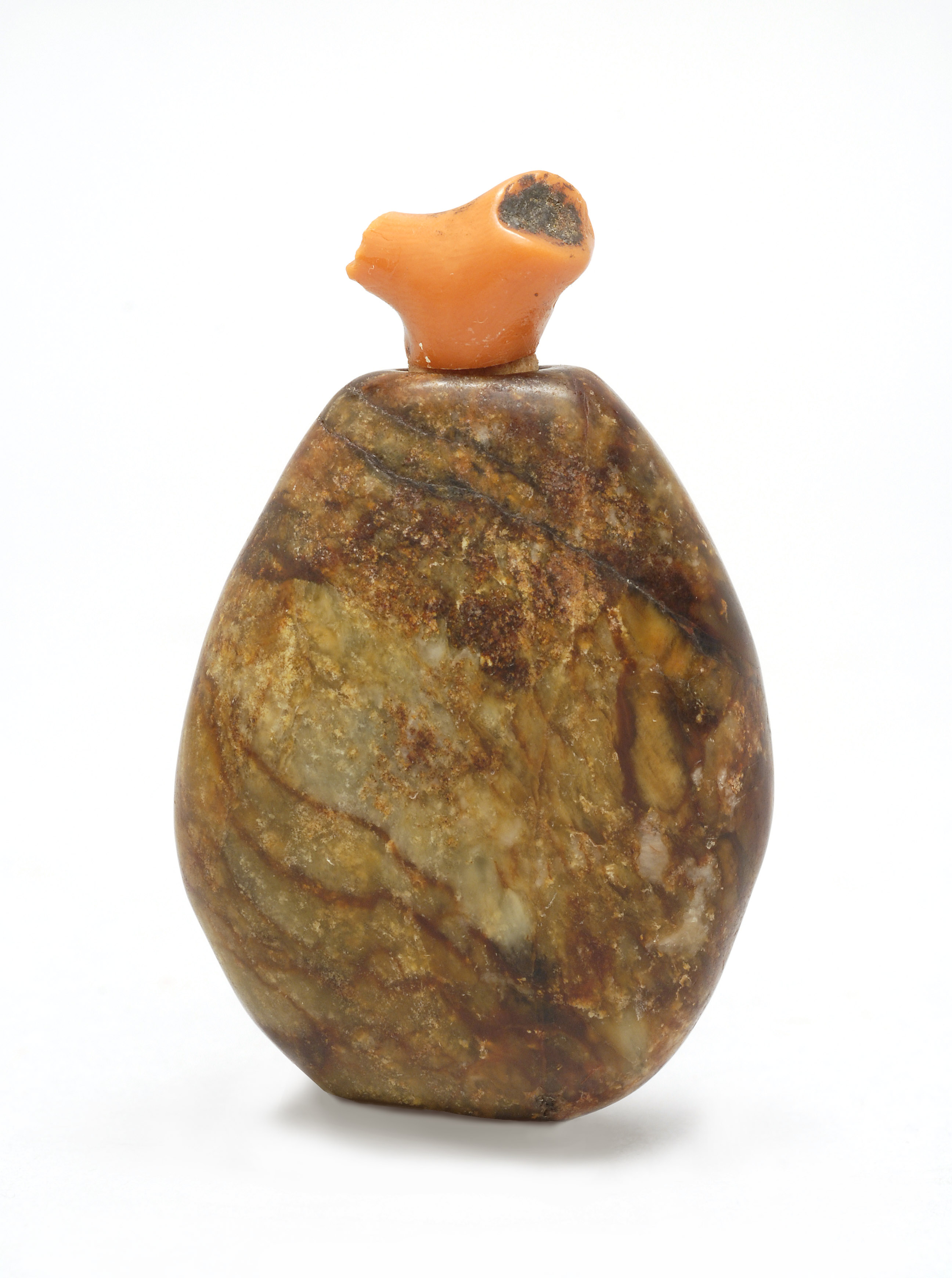 Appraisal: CELADON AND RUSSET JADE SNUFF BOTTLE th CenturyIn pebble form