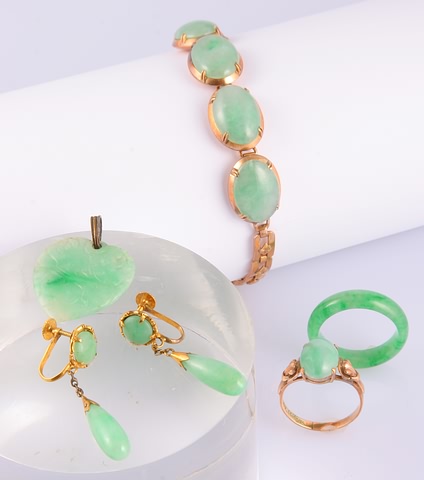 Appraisal: KY Bracelet long with X mm oval jade cabochons Ring