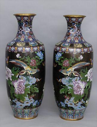 Appraisal: PAIR OF MASSIVE CHINESE BLACK-GROUND CLOISONN MASSIVE VASES Each of