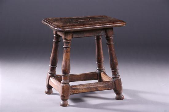 Appraisal: WILLIAM AND MARY TURNED ELMWOOD STOOL Early th century Rectangular