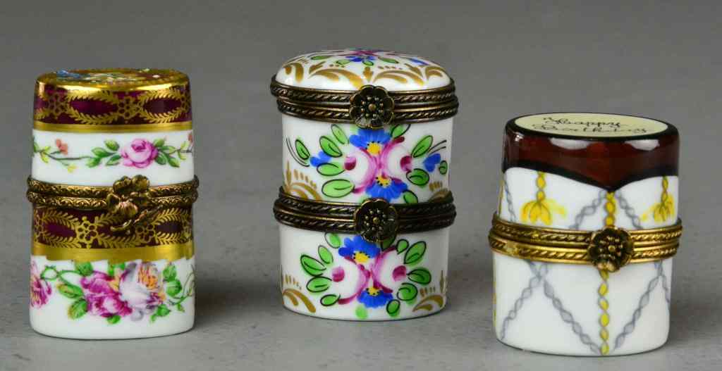 Appraisal: Pcs Limoge Pillboxes and Perfume ContainerIncluding two hand painted porcelain