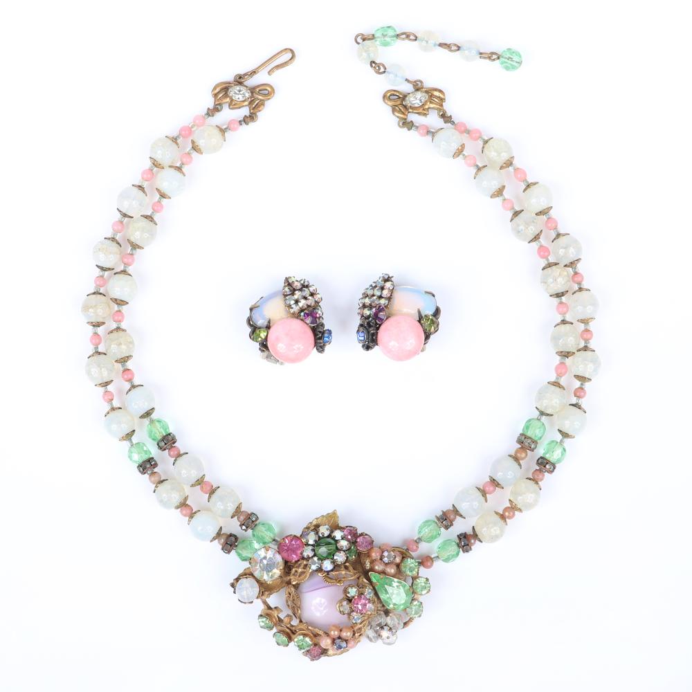 Appraisal: MIRIAM HASKELL DOUBLE STRAND NECKLACE WITH OPAQUE AND PINK GLASS