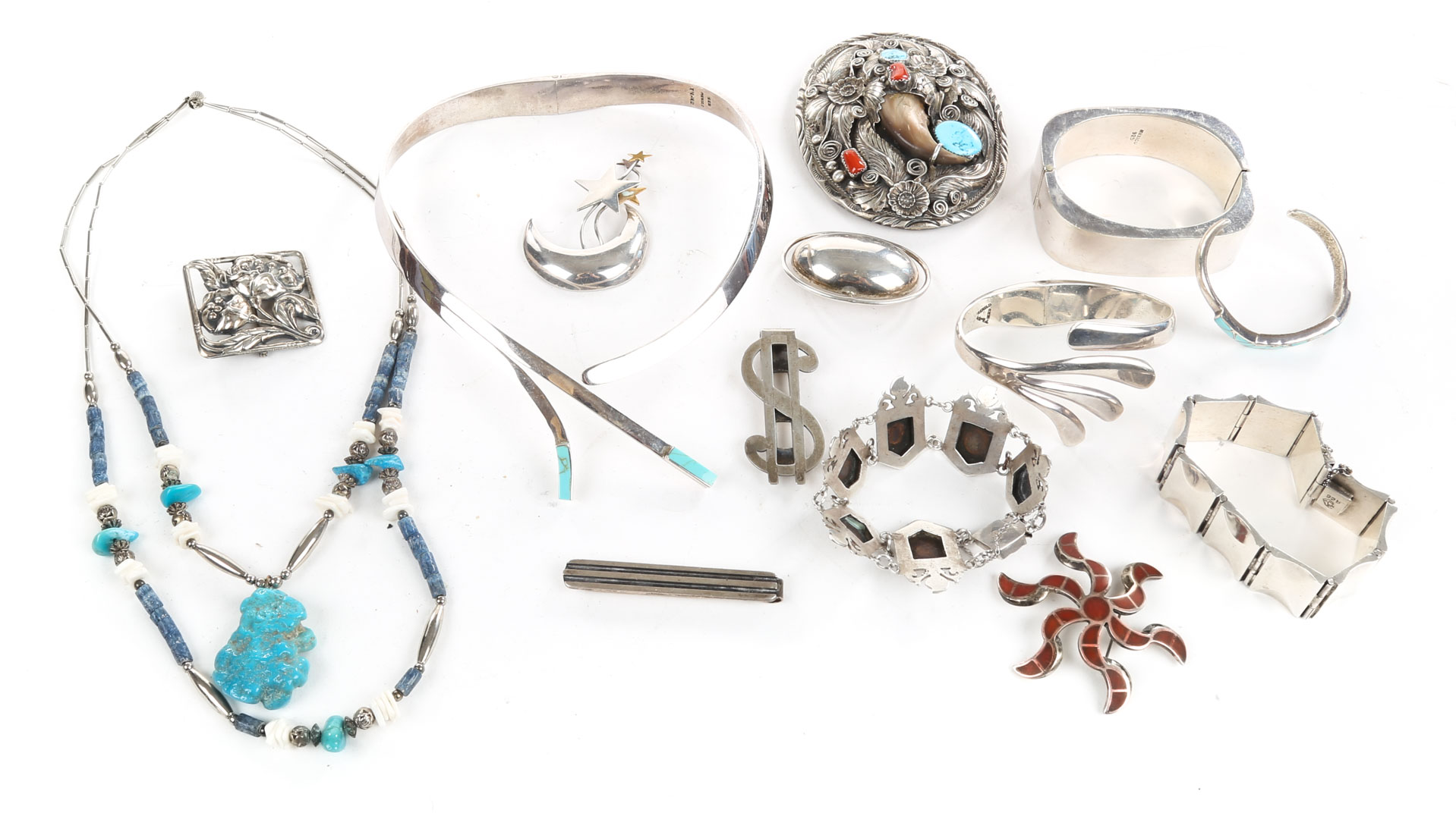 Appraisal: A Collection of Sterling Silver Jewelry Featuring a turquoise and