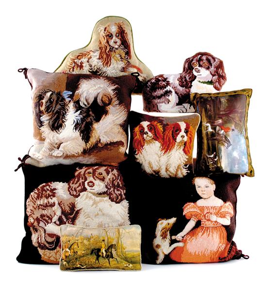 Appraisal: Collection of pillows six needlework with dog portraits and two