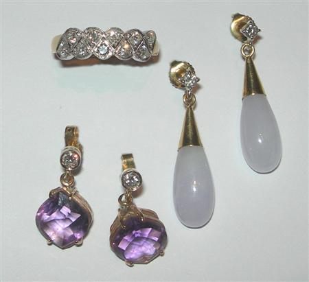 Appraisal: A pair of ct gold mounted amethyst and diamond pendant