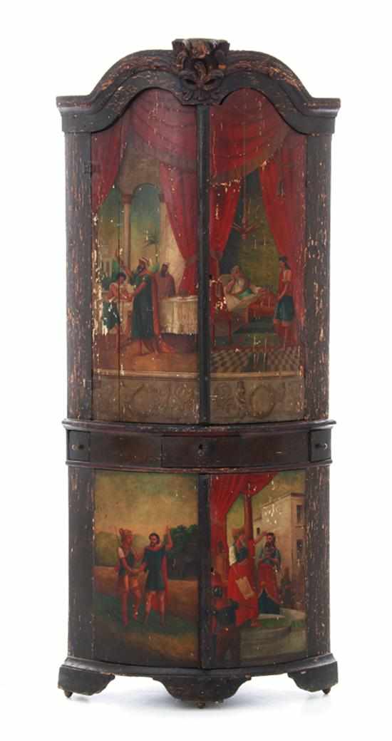 Appraisal: Continental paint-decorated bowfront corner cupboard late th century top section