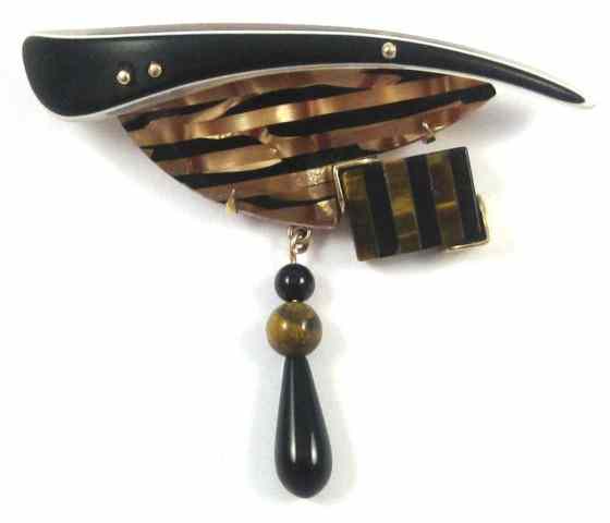 Appraisal: ART DECO STYLE DESIGNER BROOCH of black onyx tiger eye