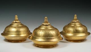 Appraisal: OTTOMAN COVERED DISHES Set of Ottoman Gilt Copper Tombak Bowls