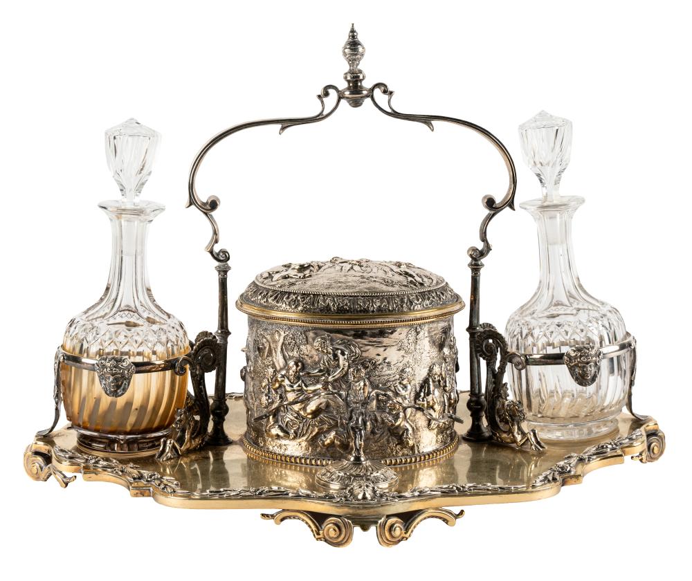 Appraisal: SILVER-PLATE DECANTER STANDunmarked with two cut-crystal decanters overall inches wide