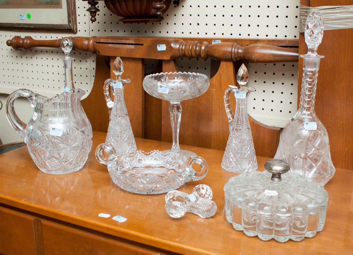 Appraisal: Assorted cut and etched glass items including compote decanters picture