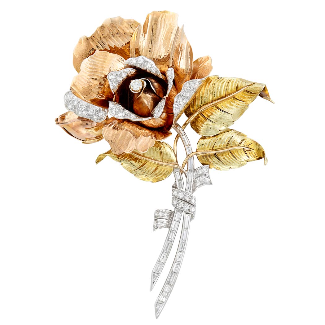 Appraisal: Tricolor Gold and Diamond Flower Brooch Yellow rose white gold