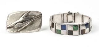 Appraisal: A stone and silver bracelet with a silver brooch Stamped