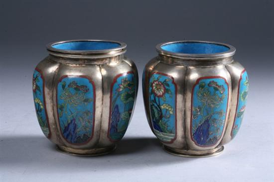 Appraisal: PAIR CHINESE CLOISONN -ON-SILVER VASES AND INSERTS Republic period marked