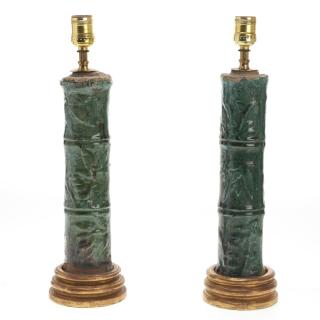 Appraisal: Pair Asian glazed stoneware bamboo form vases Pair Asian glazed