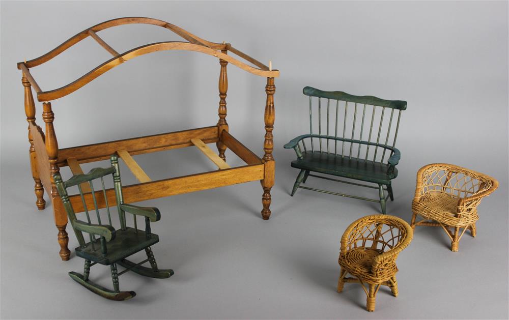 Appraisal: FIVE PIECE DOLL FURNITURE INCLUDING A BOWED CANOPY BED the