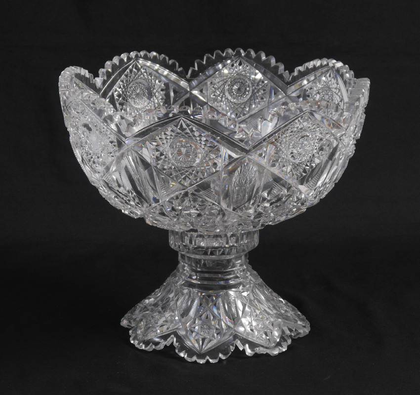 Appraisal: CUT GLASS PUNCH BOWL ON PEDESTAL No visible signature bowl