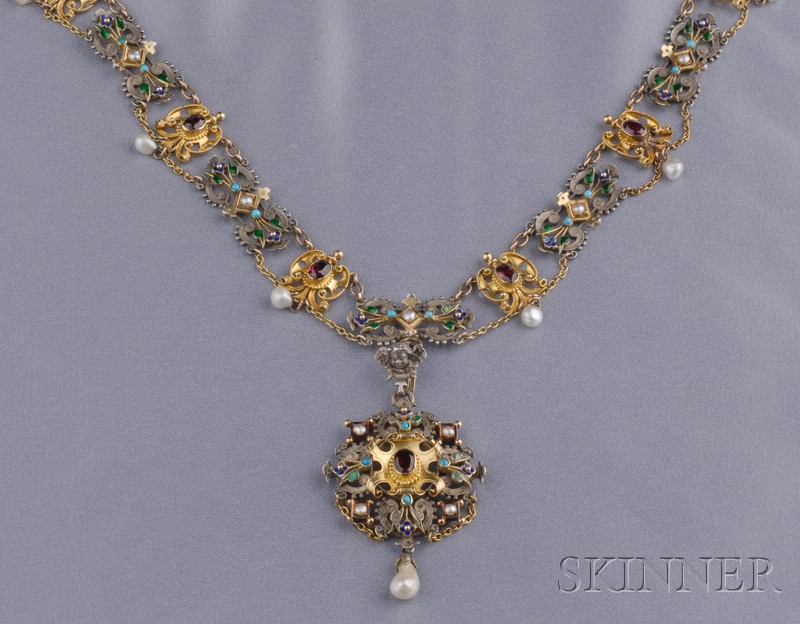 Appraisal: Renaissance Revival Enamel Gem-set Necklace the elaborate chain bezel-set with