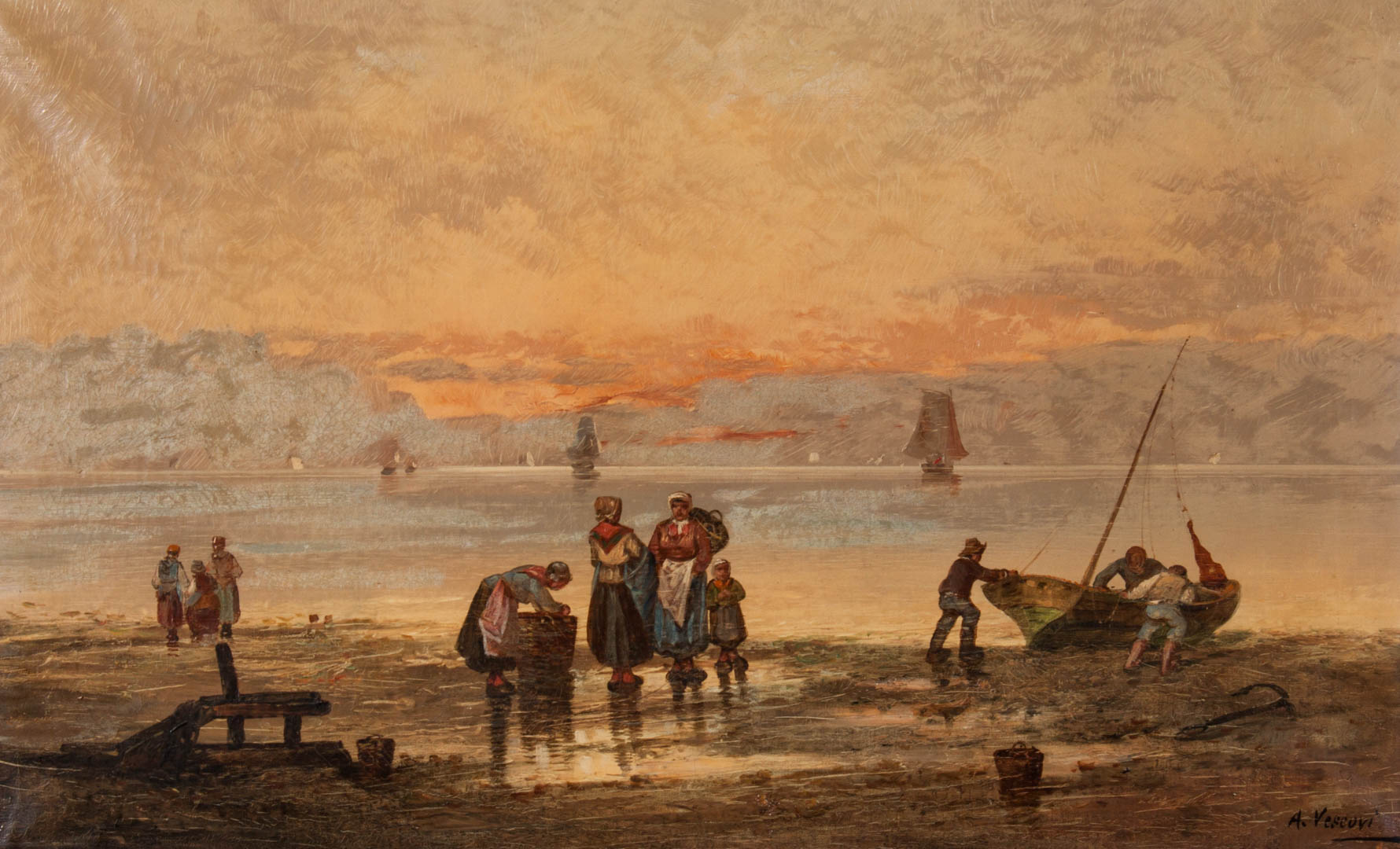 Appraisal: A Vescovi Fisherfolk at the Shore oil on canvas Italian