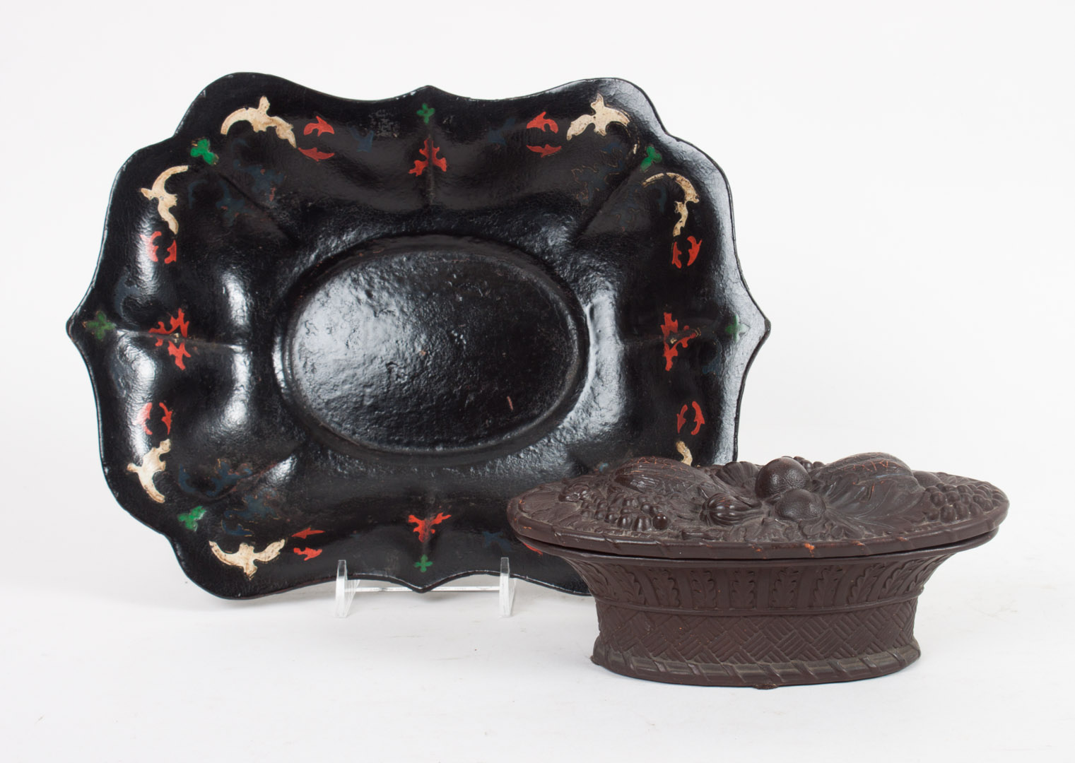 Appraisal: English terracotta inkwell and papier-mache bowl th century fruit basket-form