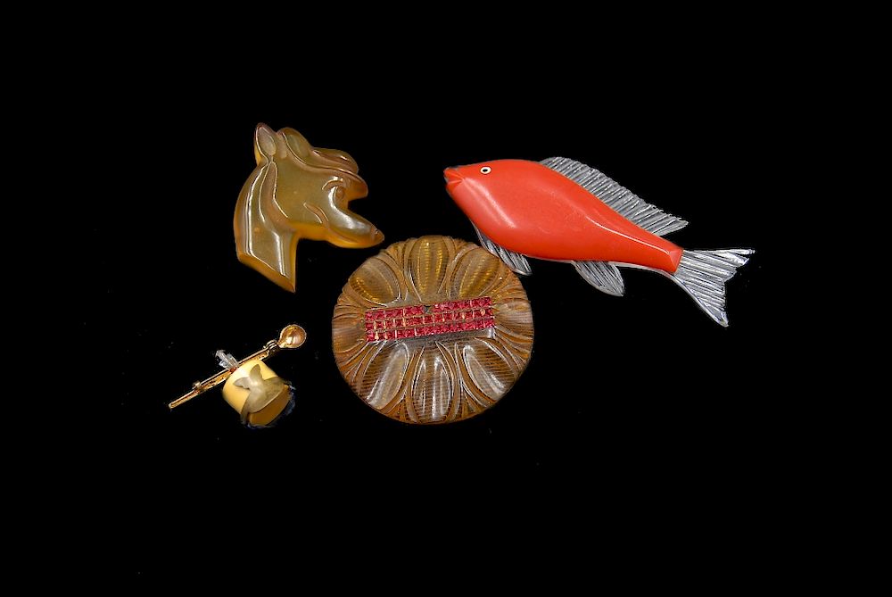 Appraisal: Apple Juice And Cherry Bakelite Pins Dog Fish Apple Juice