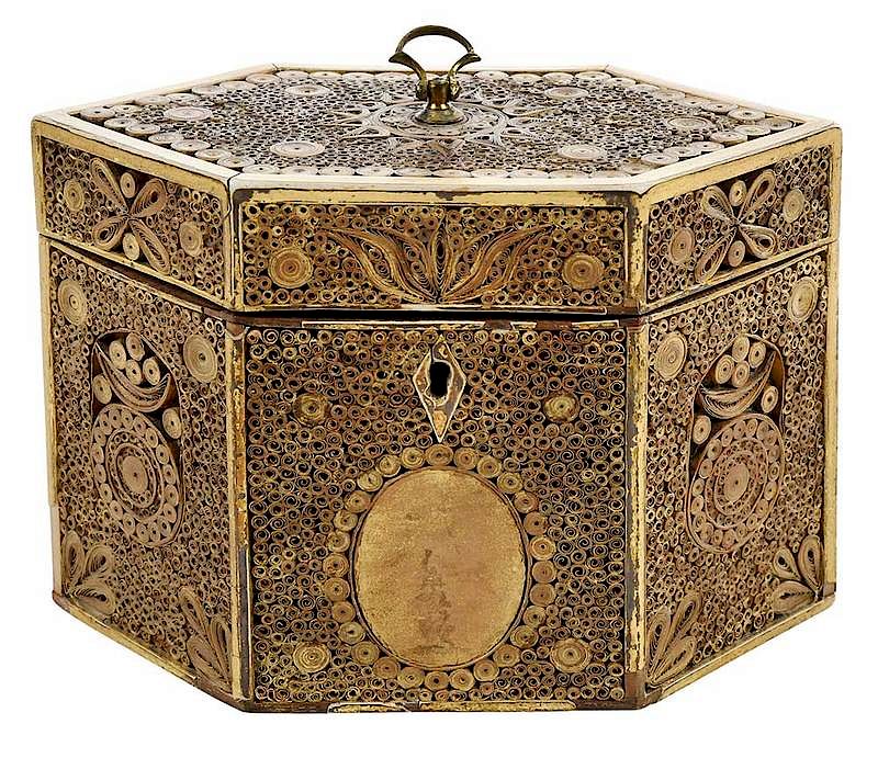 Appraisal: George III Gilt Heightened Paper Scroll Caddy British late th