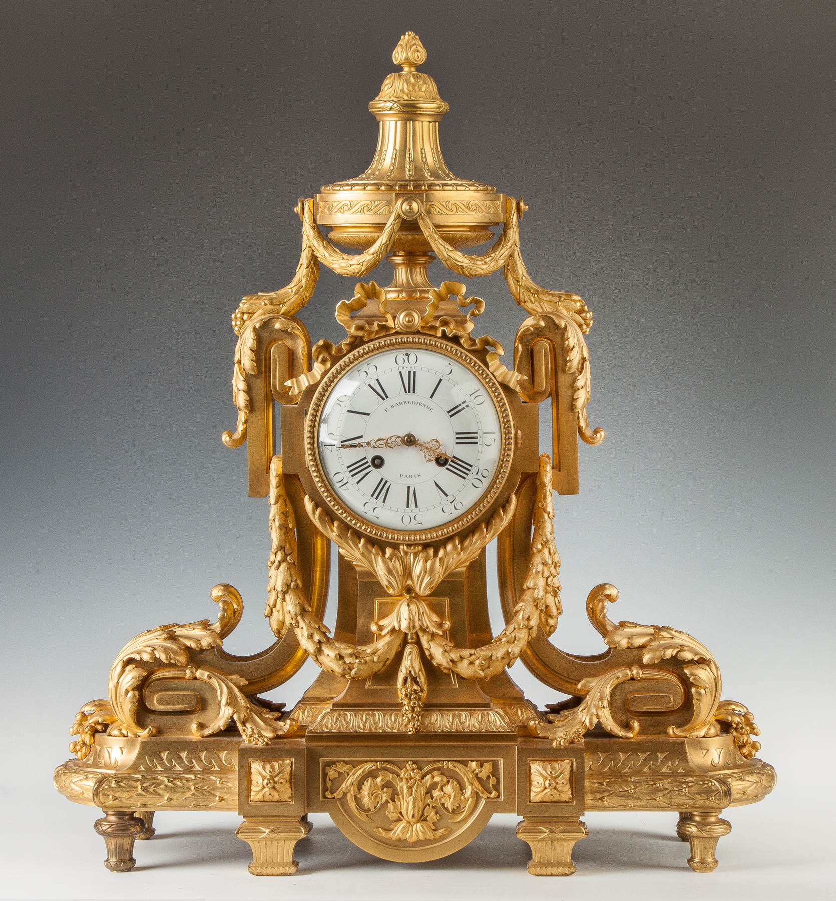 Appraisal: French Gilt Bronze Mantle Clock th cent With acanthus and