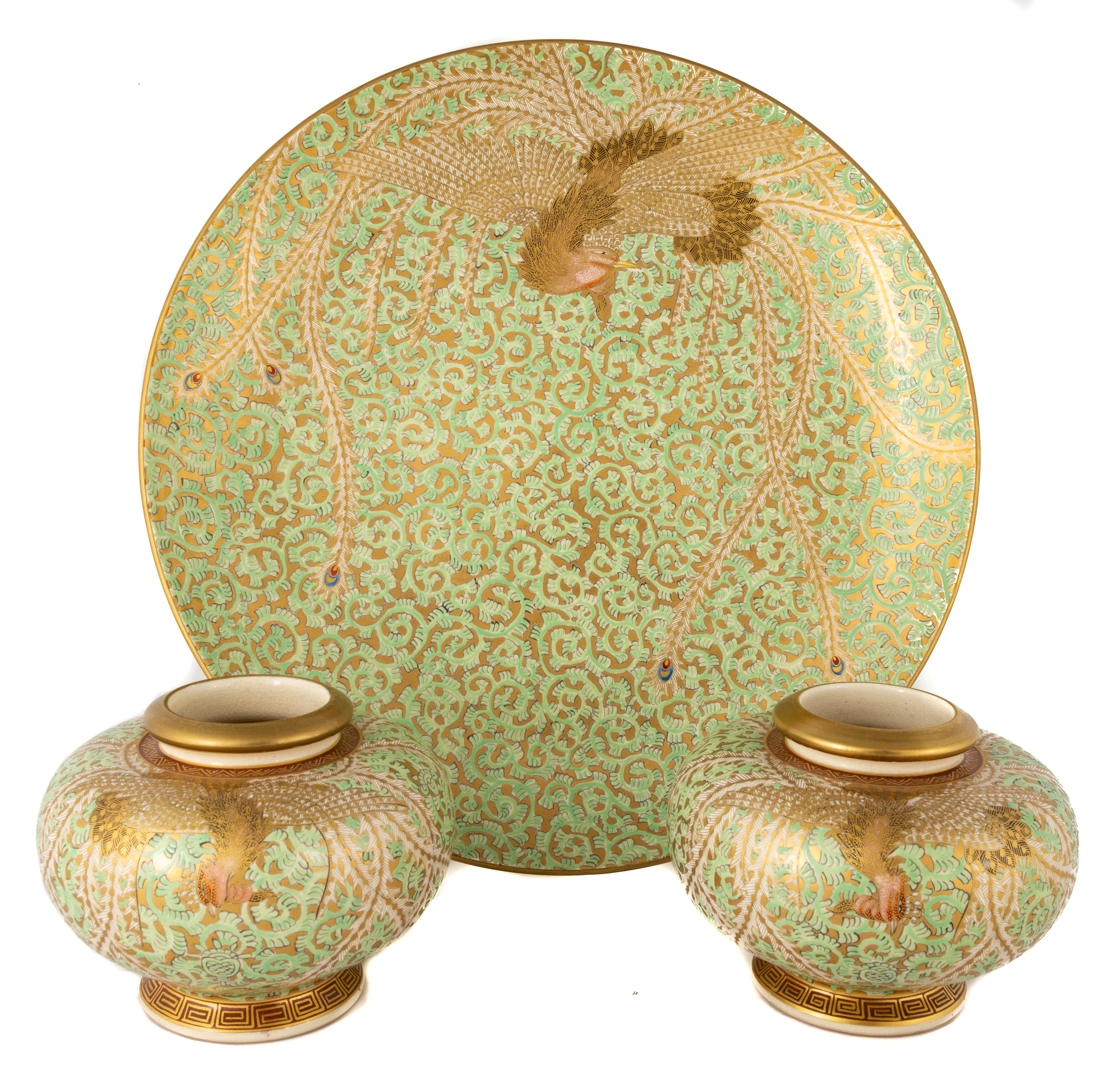 Appraisal: JAPANESE SATSUMA CHARGER AND MATCHING VASES circa Signed and hand