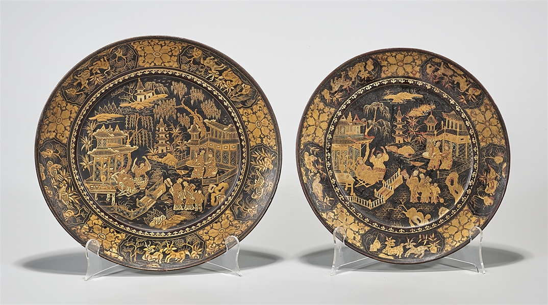 Appraisal: Two Chinese lacquer plates with gilt painted scenes of figures